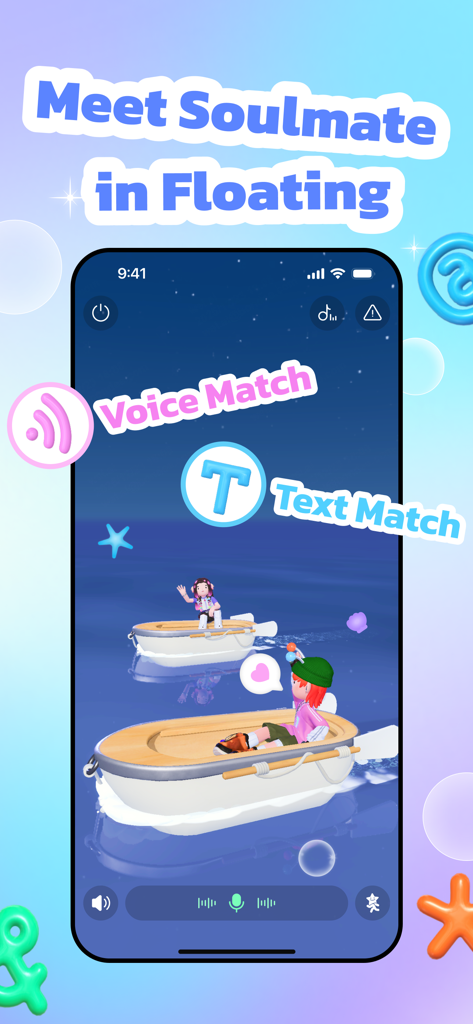 Deux avatars 3D dans de petits canots sur un océan nocturne dans l'interface de jumelage flottant de l'application Bondee