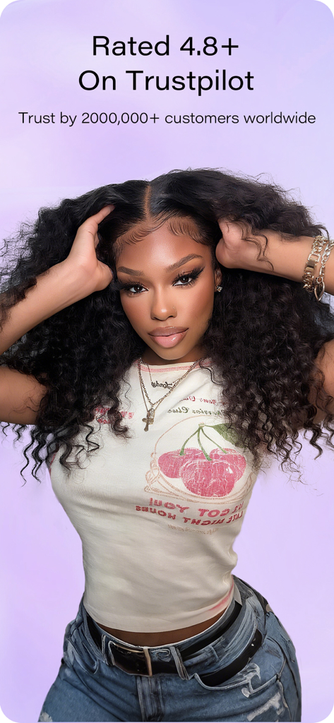 OQ Hair - Donna con capelli lunghi e voluminosi ricci presentata sull'app OQ Hair con una valutazione Trustpilot di 4,8