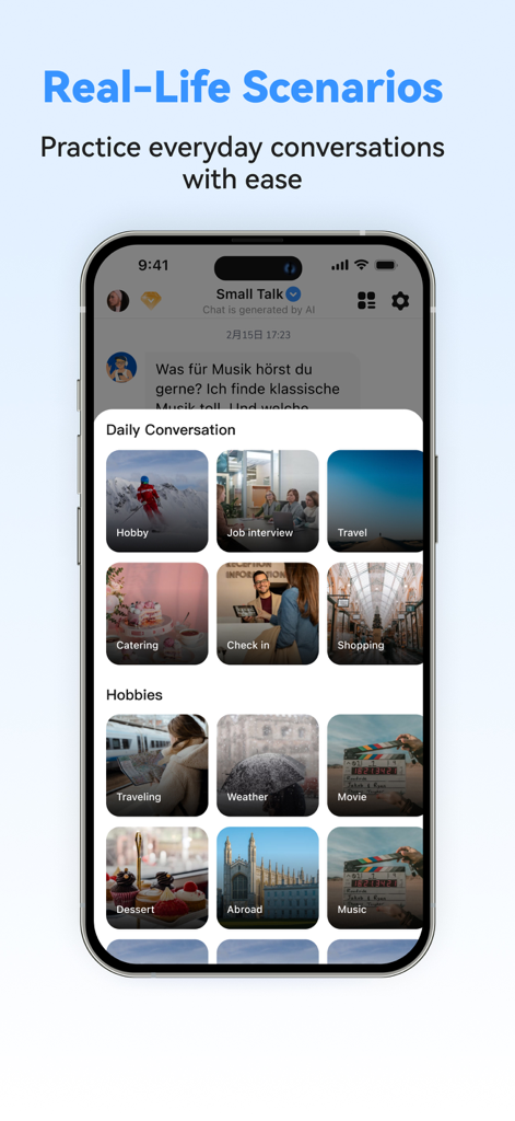 Um menu de cenários de conversação da vida real no aplicativo German Ai, incluindo entrevistas de emprego e tópicos de viagem