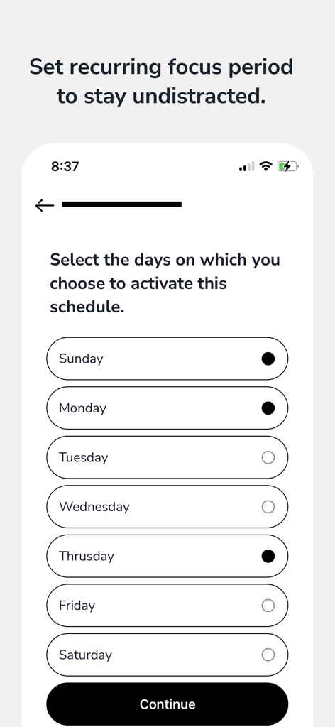 Screen Time Control: Unplugged - Una pantalla en la aplicación Unplugged para establecer un período de enfoque recurrente seleccionando los días activos de la semana