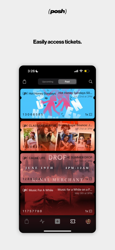 Digital wallet interface in the Posh app displaying a history of colorful event tickets