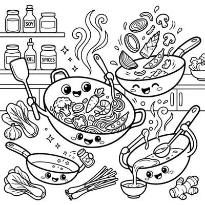 Ignite your child's imagination with this delightful coloring page featuring cheerful woks and stir-fry pans enjoying a culinary adventure. It's the perfect recipe for creative fun, blending kitchen excitement with artistic expression for young colorists.