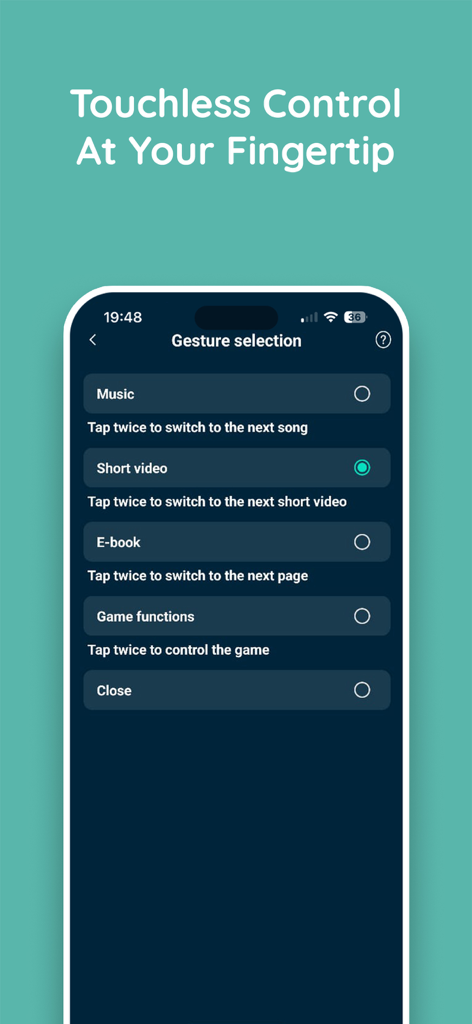 Pebble Halo - Pebble Halo app screen showing touchless gesture control options for music and videos