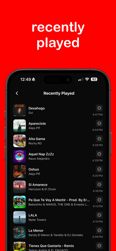 CubanFlow Radio - Smartphone screen showing the recently played music history on the CubanFlow Radio app