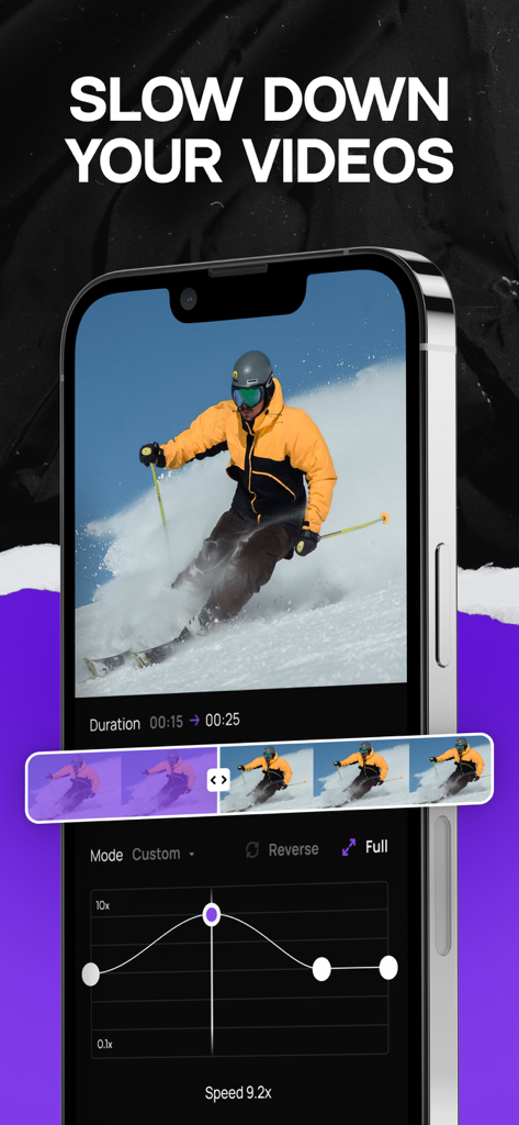Slow motion video editor app interface with a skier on a snowy mountain