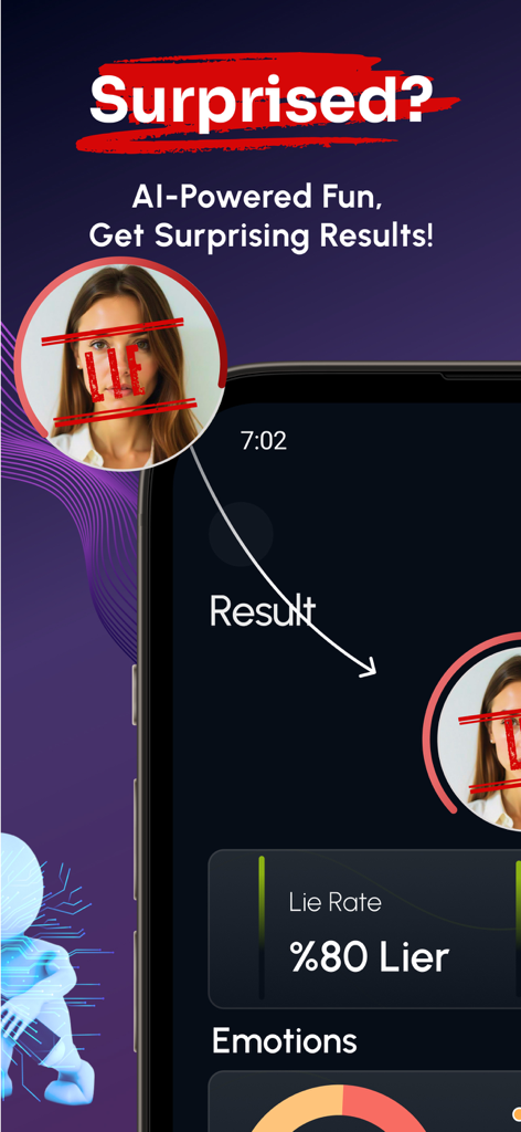 AI Lie Detector: Truth Test - AI Lie Detector app interface displaying a prank test result with an 80 percent lie rate