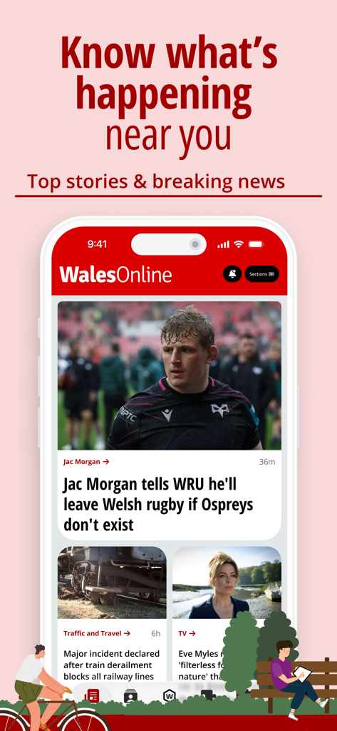 Wales Online mobile app interface showing breaking news and local rugby sports updates