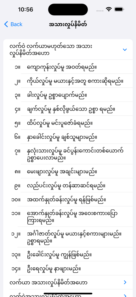 Un elenco di segni di tic del corpo e i loro significati in birmano all'interno dell'app mobile Dreams 1000.