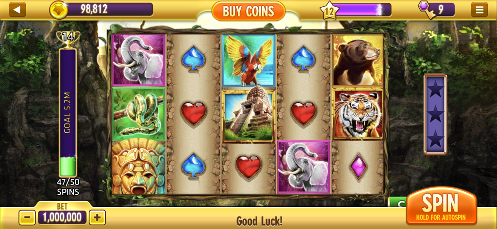 Buffalo Bonus Casino - A five reel slot machine interface with a jungle theme featuring animals and Aztec symbols.