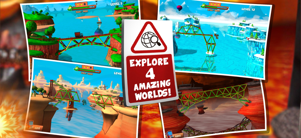 Bridge Builder Simulator - Collage of four game levels in Bridge Builder Simulator showing arctic, desert, coastal, and volcano environments.