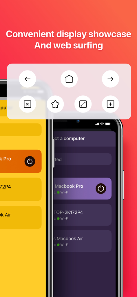 Computer Mouse: Remote Control - Interfaccia dello smartphone che mostra pulsanti di navigazione web remota e dispositivi Mac connessi