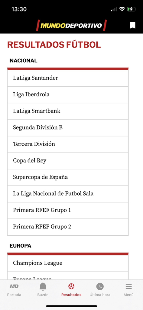 Mundo Deportivo app screen showing soccer results for Spanish and European leagues including LaLiga and Champions League.