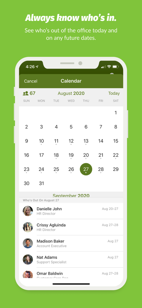 BambooHR - Aplicativo BambooHR exibindo um calendário mensal e uma lista de funcionários que estão fora do escritório