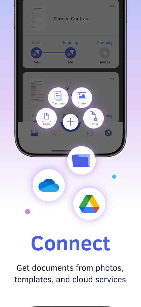 DottedSign - eSign & Fill Docs - DottedSignモバイルアプリのインターフェース。クラウドストレージやテンプレートからのドキュメントインポートオプションを表示。