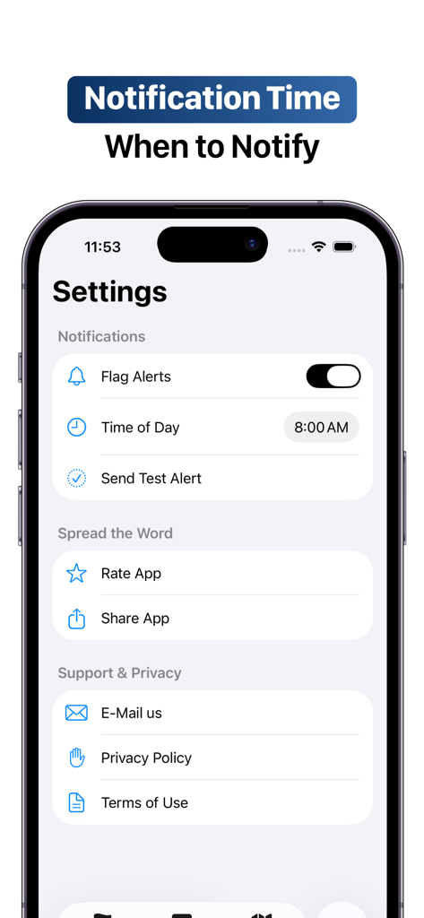 Half-Staff Flag Alerts - The settings screen of the Half-Staff Flag Alerts app featuring notification time and alert preferences.