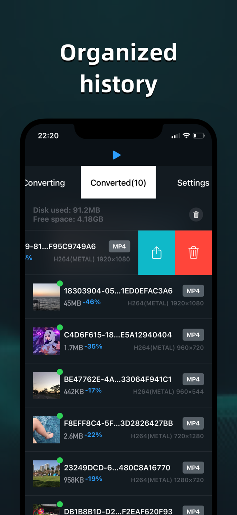 Tela de um smartphone mostrando uma lista de arquivos de vídeo convertidos com porcentagens de redução de tamanho de arquivo e detalhes de formato