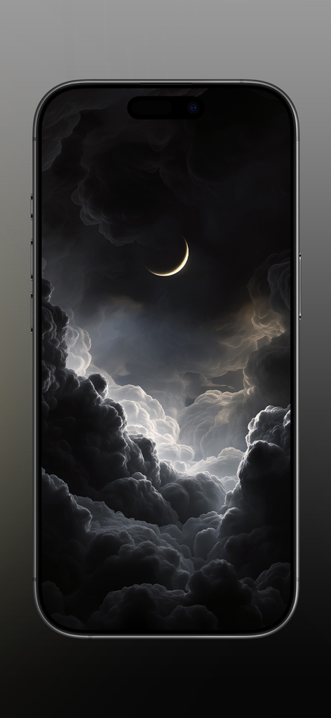 Liquid Wallpapers 26 Themes - A sleek smartphone displaying a dark aesthetic wallpaper with a crescent moon and dramatic clouds