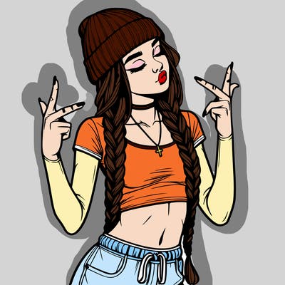 realistic teenage girl with braids and a beanie and crop top doing 🫶🏼