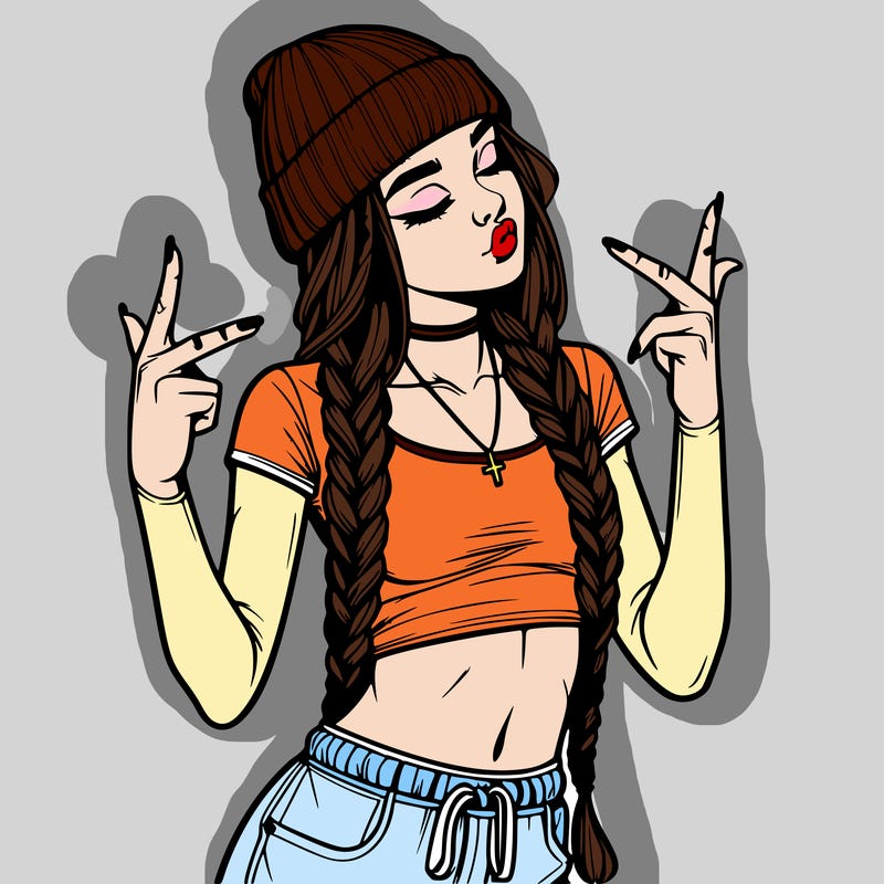 realistic teenage girl with braids and a beanie and crop top doing 🫶🏼