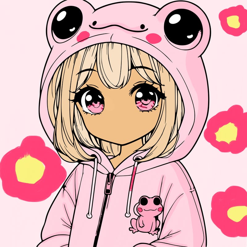 cute realistic girl in a froggy hoodie