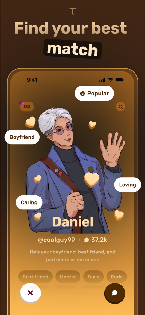 Dippy-AI Characters & Roleplay - Interface de l'application Dippy AI montrant un profil de personnage d'anime pour les jeux de rôle et les discussions.