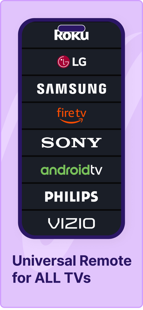 Remote Control Universal TV - Interfaz de la app de control remoto universal de TV mostrando compatibilidad con marcas como Roku, LG, Samsung y Fire TV.