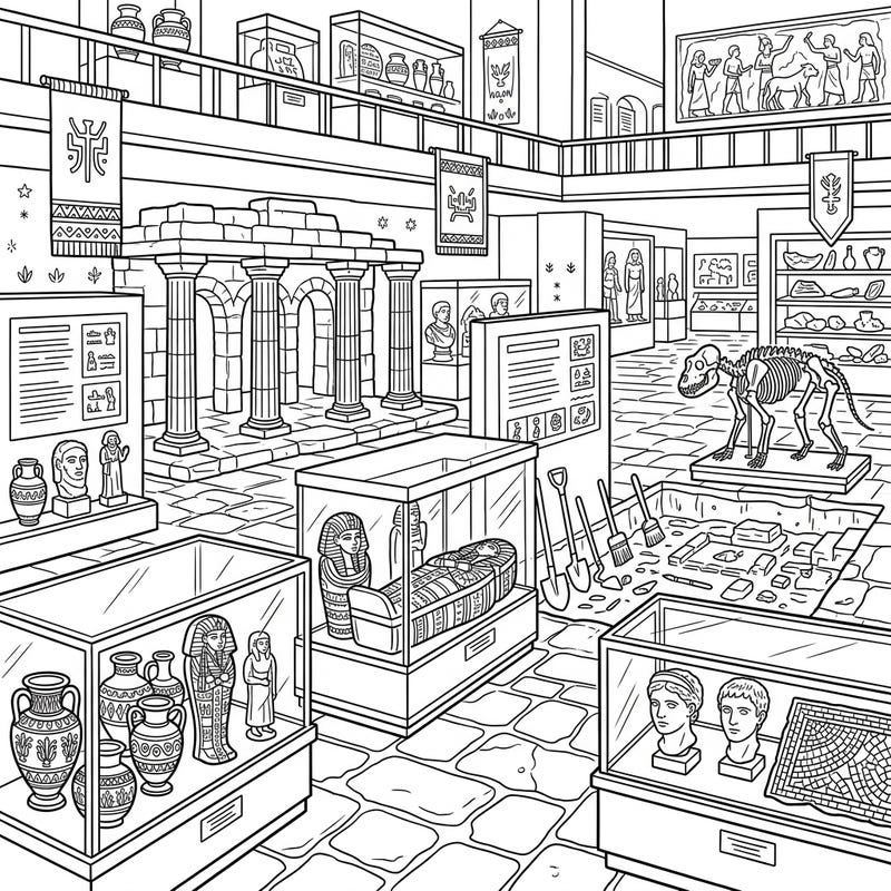 Step into a bustling archaeology museum brimming with historical treasures and ancient wonders. This intricate coloring page invites you to bring the past to life with your favorite colors.