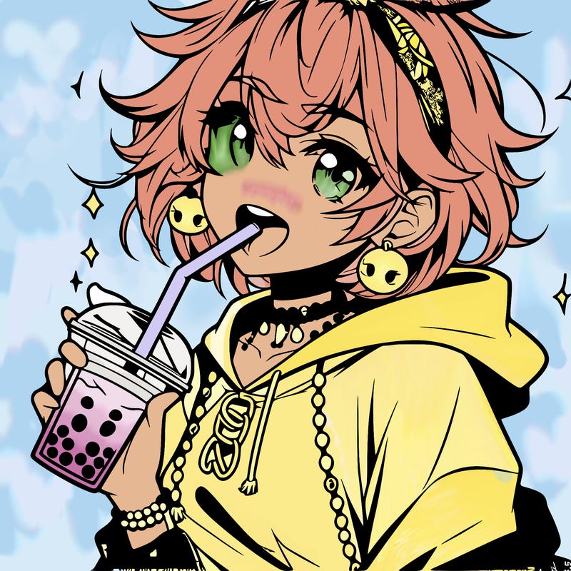 hot baddie anime girl drinking boba and biting the straw