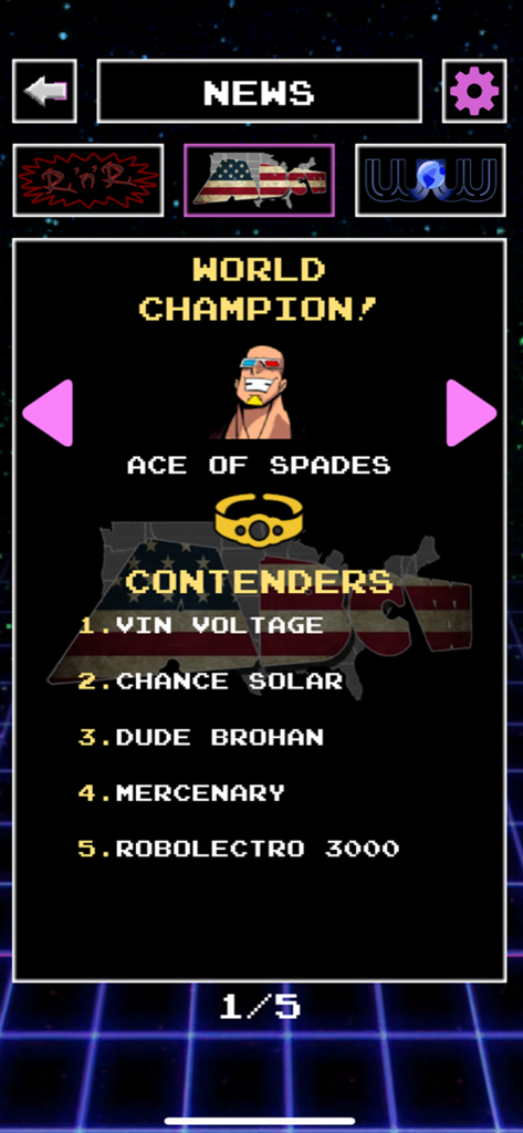 In-game news screen showing the World Champion Ace of Spades and a top five contenders list with a retro 80s aesthetic