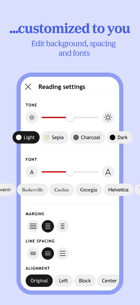 Kobo Books & Audiobooks - Uno screenshot del menu delle impostazioni di lettura dell'app Kobo per personalizzare font, toni di sfondo, margini e interlinea.