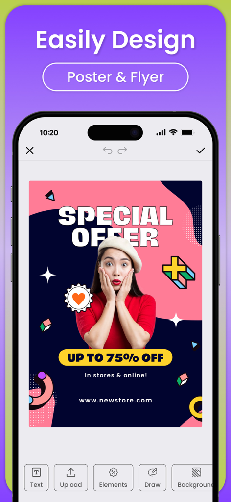 A smartphone displaying the Poster Maker app interface with a customizable special offer flyer featuring a retail promotion.