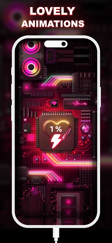 Charging Fun Screen Animation - Tela do iPhone com um fundo de placa de circuito neon e uma animação de carregamento em forma de coração e ícone de raio