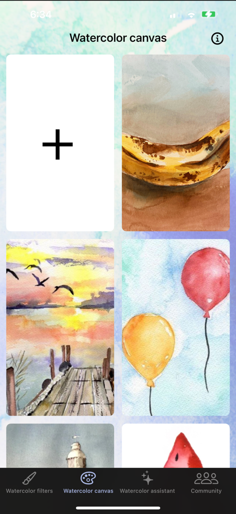 Vista de galería del lienzo de acuarela que muestra una cuadrícula de pinturas digitales y un botón para crear nuevo arte.