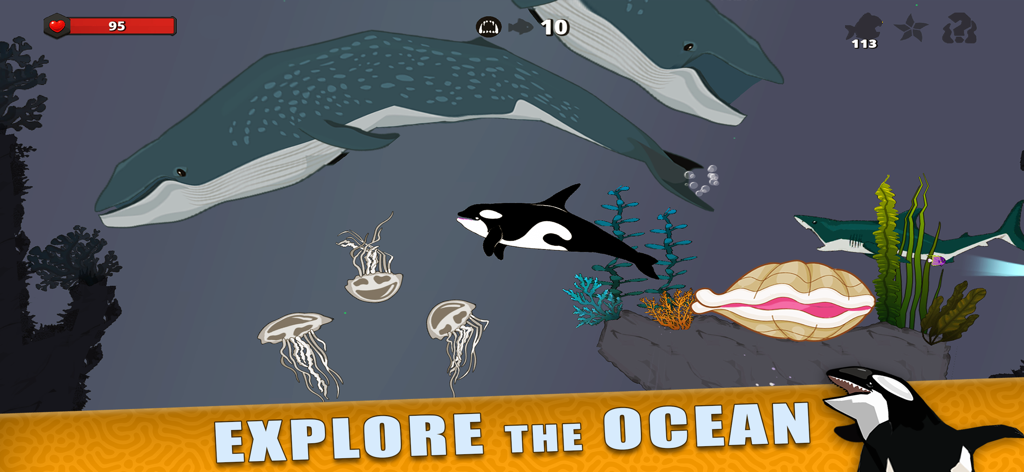 Gameplay screenshot of Fish Royale showing blue whales and an orca exploring the ocean
