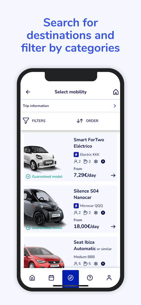 OK Mobility - Écran de l'application mobile OK Mobility montrant les options de location de voiture avec filtres et prix journaliers.