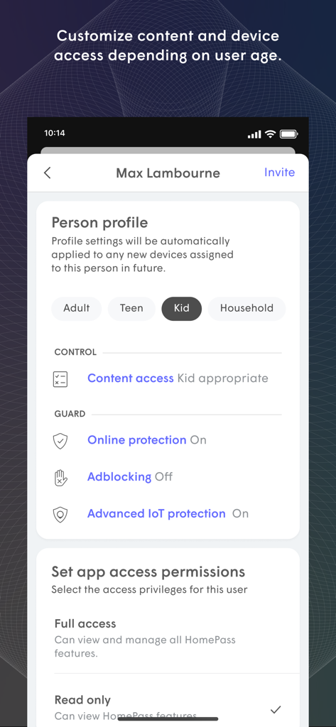 Flow Wi-Fi+ - Configurações de controle parental no Flow Wi-Fi plus mostrando opções de perfil para diferentes faixas etárias e alternâncias de proteção online.