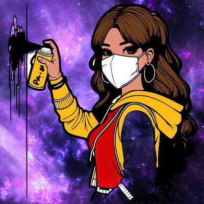 realistic girl with mask spray painting a wall