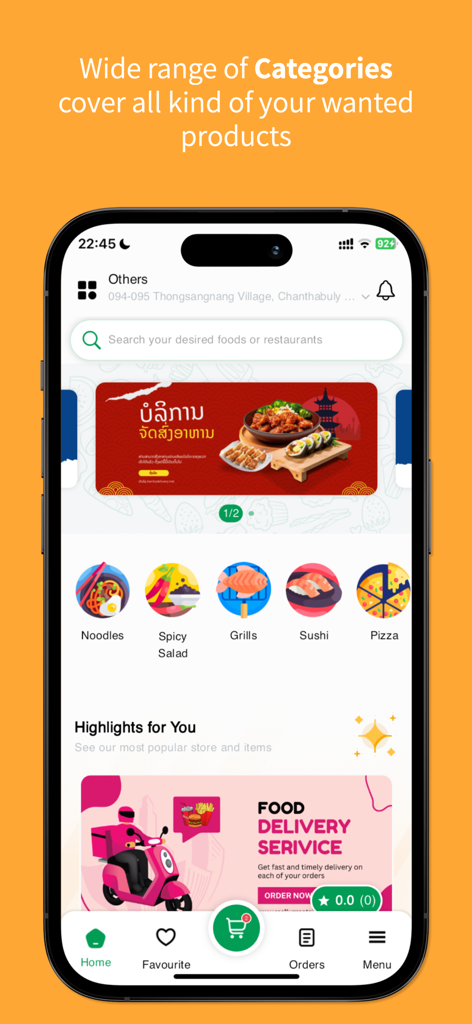Bento Delivery Service - Bento Delivery Service app showing food categories such as noodles sushi and pizza on a mobile interface