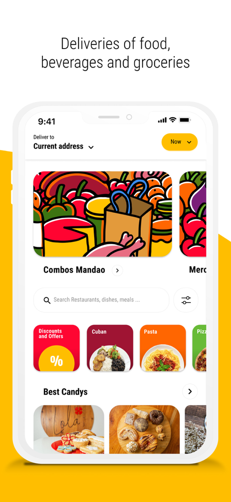 Mandao mobile app home screen displaying food delivery options and grocery combos