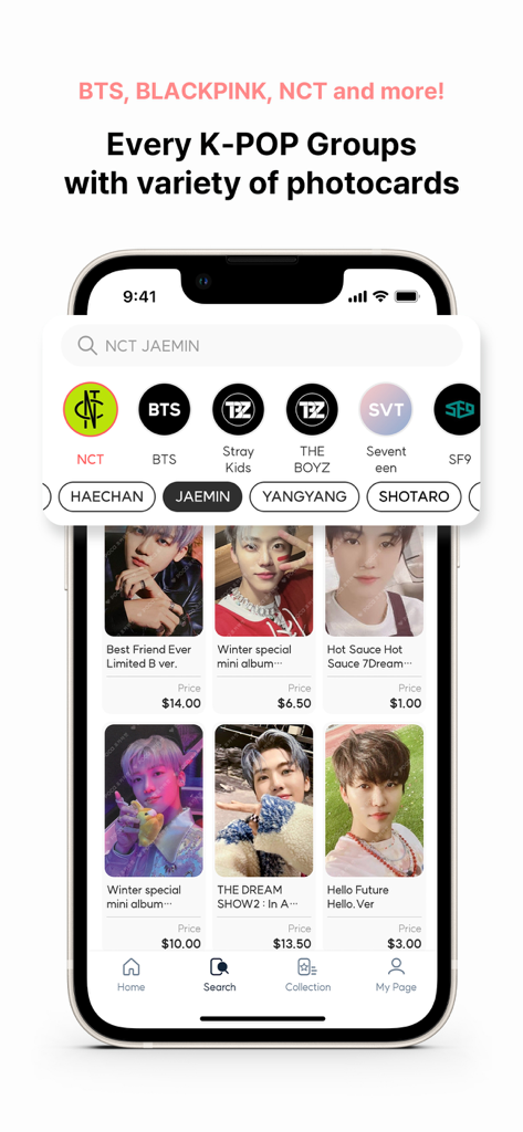 Pocamarket: Get Kpop Photocard - Tela de pesquisa do aplicativo Pocamarket mostrando photocards de NCT Jaemin à venda