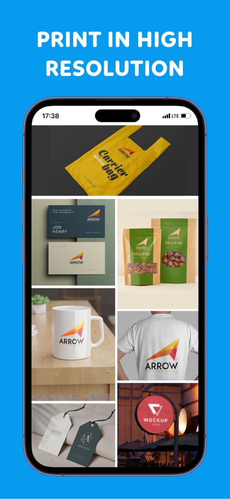 Logo Maker : Flyer Maker - A mobile screen showing professional logo mockups on business cards apparel and merchandise for high resolution printing
