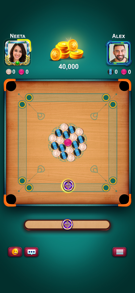 디지털 보드에서 두 플레이어 간의 온라인 1 대 1 카롬 대결