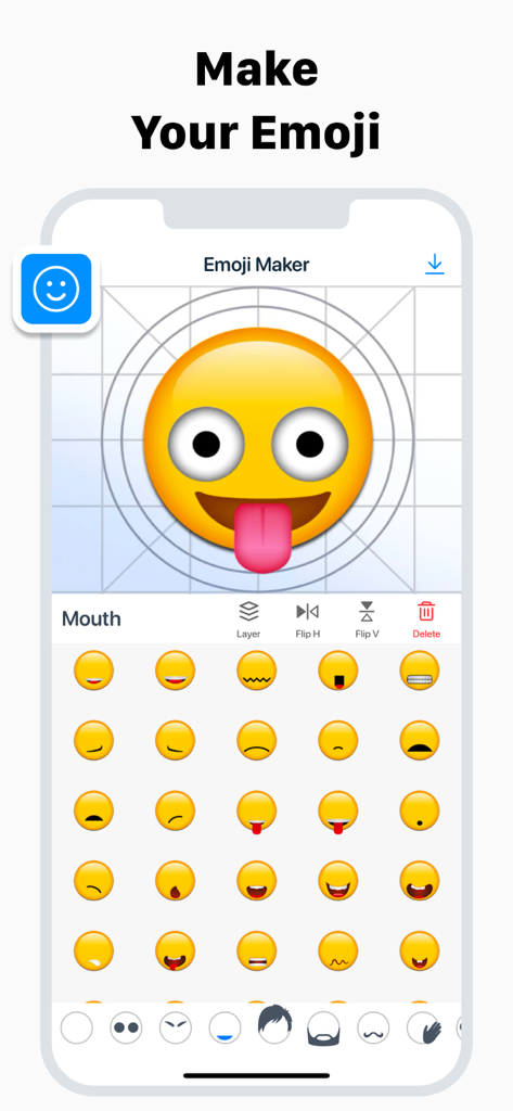 Keyboard Fonts & Emoji Maker - A mobile app screen showing the emoji maker interface with a yellow smiley face and customization options