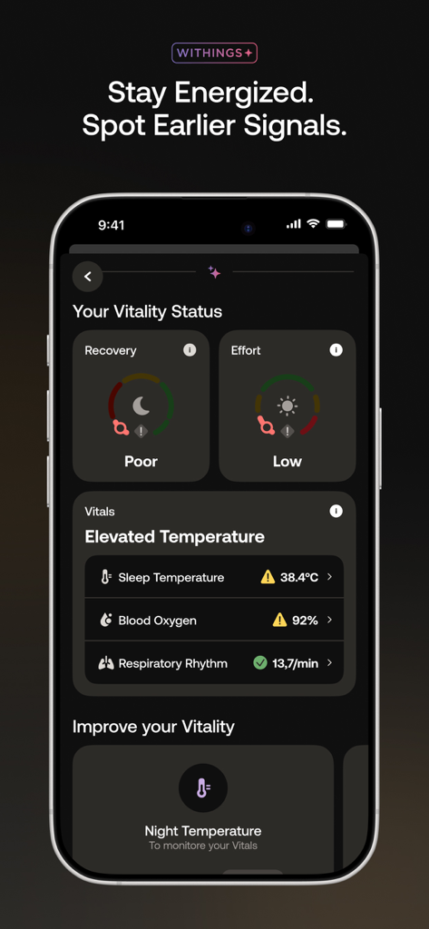 Withings - Withings App-Bildschirm zeigt den Vitalitätsstatus und Gesundheitswerte.