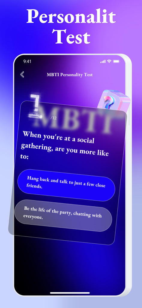 Mette - Video Chat, New Friend - Screenshot of the Mette app showing an MBTI personality test question about social gathering preferences.