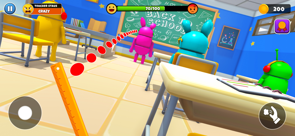 Naughty School Prankster - Eine farbenfrohe Klassenzimmerszene mit Cartoon-Figuren und einem verärgerten Lehrer im Spiel "Frecher Schulstreichler".