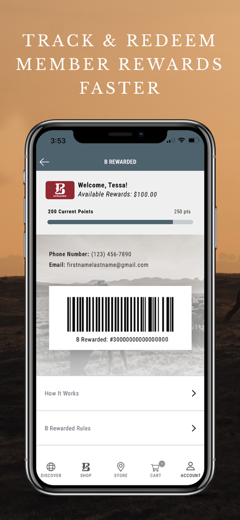 Página de recompensas de la app Boot Barn mostrando el crédito disponible y un código de barras de fidelidad de miembro