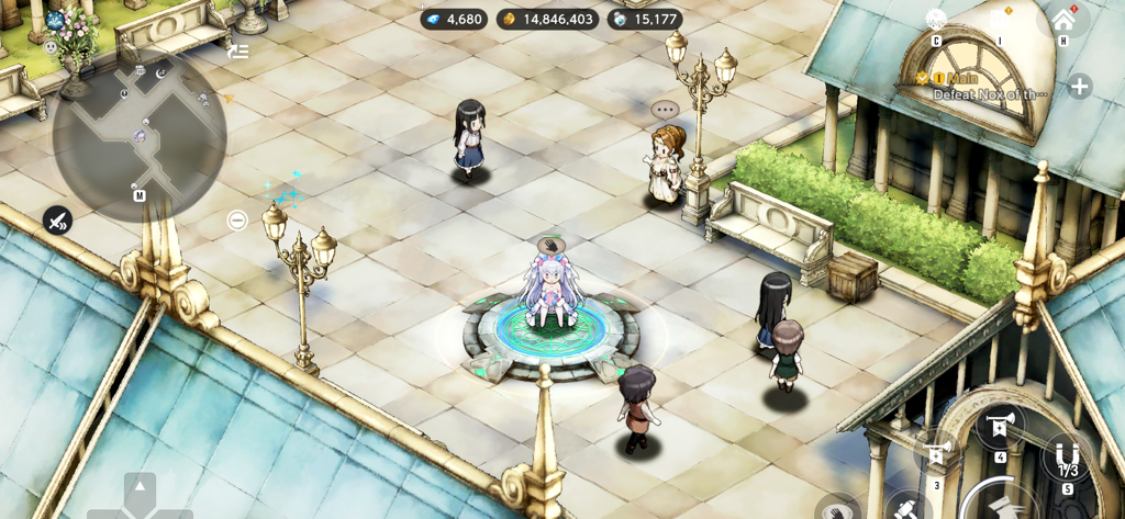 Gameplay de BrownDust2 montrant l'exploration de personnage dans un environnement de ville 2D détaillé