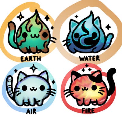 4 cats that represent the different elements, earth, water, air, and fire
