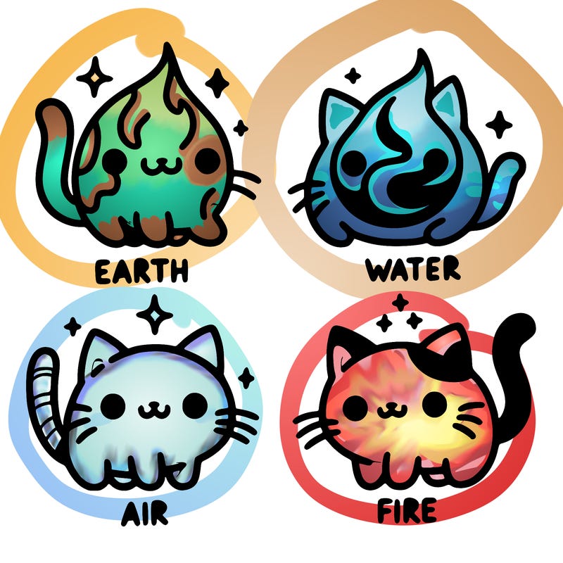 4 cats that represent the different elements, earth, water, air, and fire